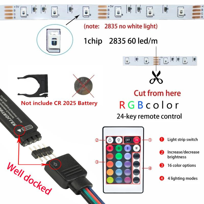 LED Strip Light Fita RGB 2835 Luces String Flexible Lamp Tape DC5V Bluetooth Infrared Control