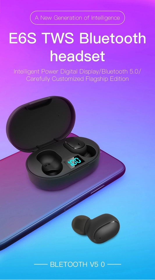 New E6s Smart Digital Display Bluetooth Headset Wireless Mini HIFI Headset Stereo in-Ear Waterproof Sports Earphone