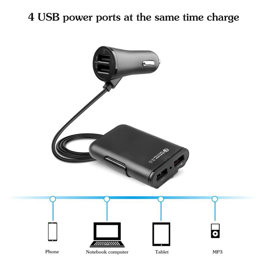 QC3.0 5.6 ft extension cable 4-port USB car charger