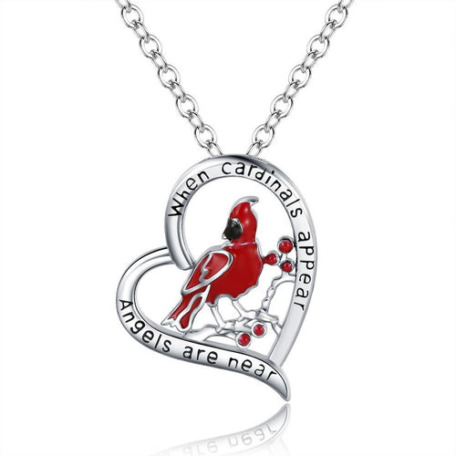 Heart Shaped Cardinal Bird Pendant Necklace